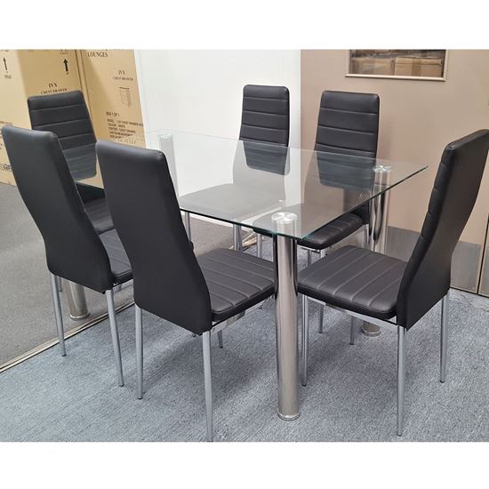 Picture of Melody Dining Table Clear Glass 1.3X0.8m with 6 Black Mila Dining Chair