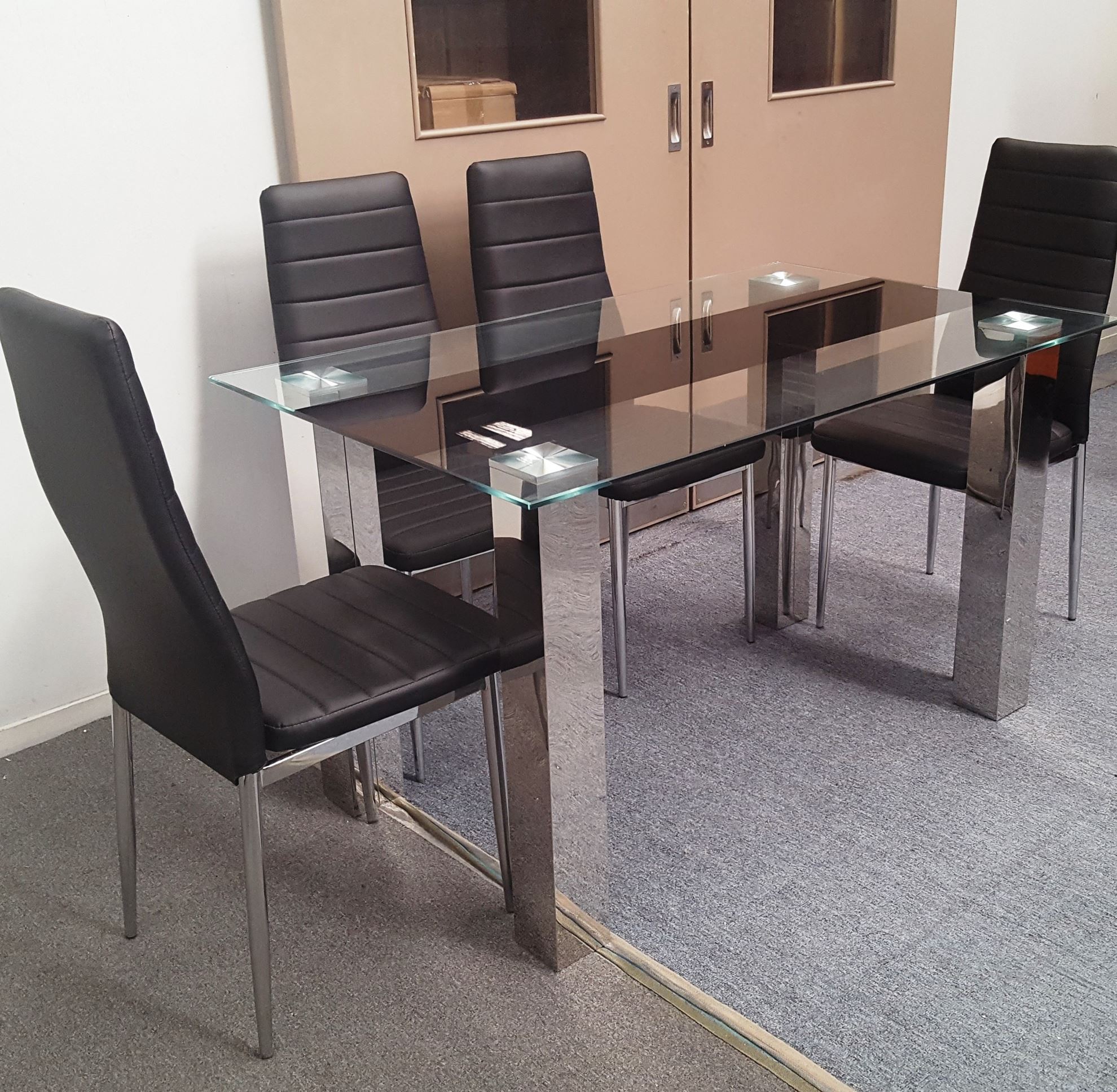Furniture Place Levi Dining Table Glass 1 3x0 8m With 4 Black Mila Chair Levi Dining Table Glass 1 3x0 8m, How Big Are Round Tables That Seat 8m