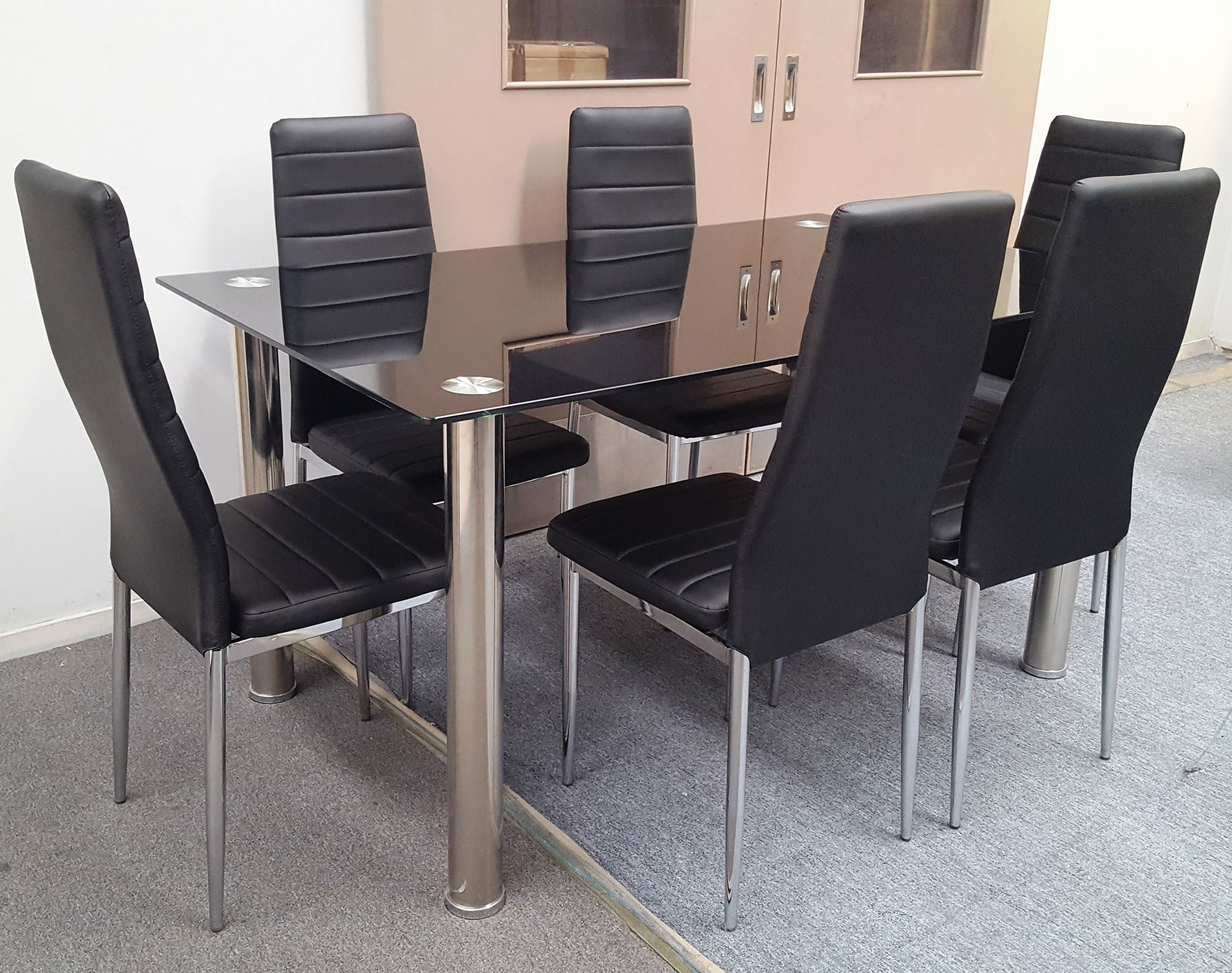 Melody Dining Table Black Glass, 6 X Black Dining Chairs