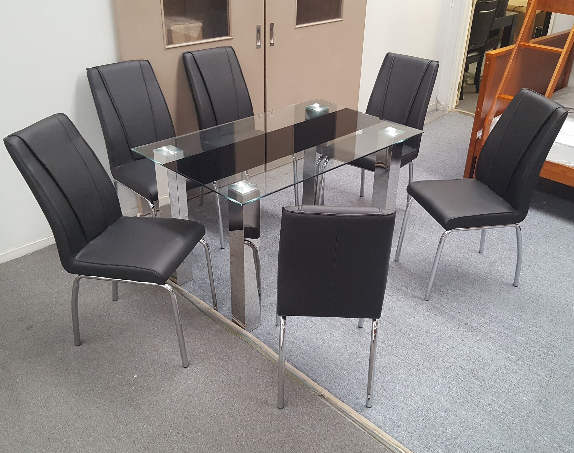 Levi Dining Table Glass 1 5x0 9m, Dining Table And 6 Leather Chairs