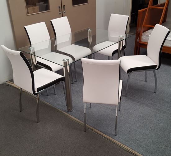 Picture of Melody Dining Table Clear Glass 1.3X0.8m with 6 White Emma Dining Chair