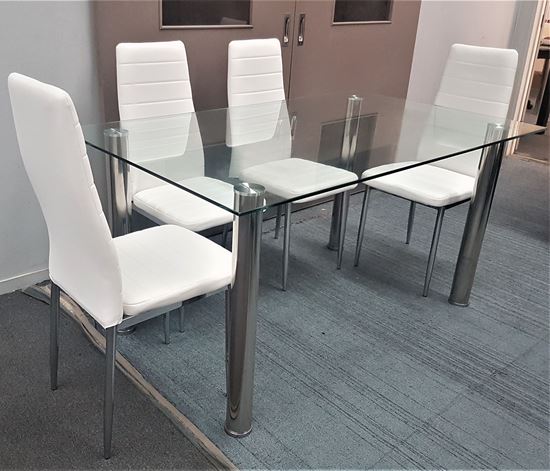 Picture of Melody Dining Table Clear Glass 1.3X0.8m with 4 White Mila Dining Chair