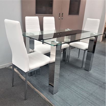 Picture of Levi Dining Table Glass 1.3X0.8m with 4 White Mila Dining Chair