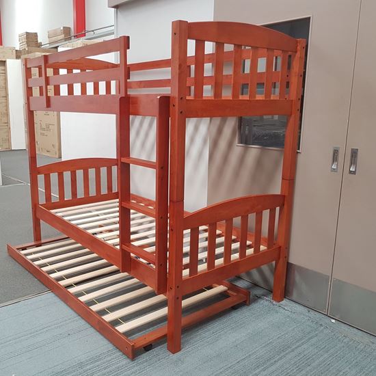 Miki Higher Solid Hardwood Bunk Bed with Trundle in Antique Oak finish, featuring premium craftsmanship and space-saving design