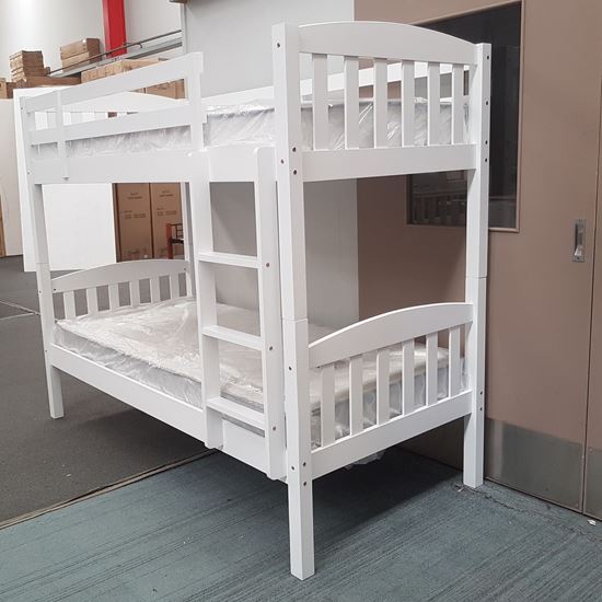 Miki Higher Solid Hardwood Bunk Bed with Mattresses in White finish, featuring premium craftsmanship and space-saving design