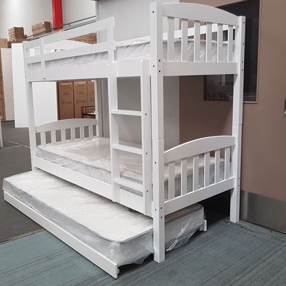 Miki Higher Solid Hardwood Bunk Bed with Trundle & Mattresses in White finish, featuring premium craftsmanship and space-saving design