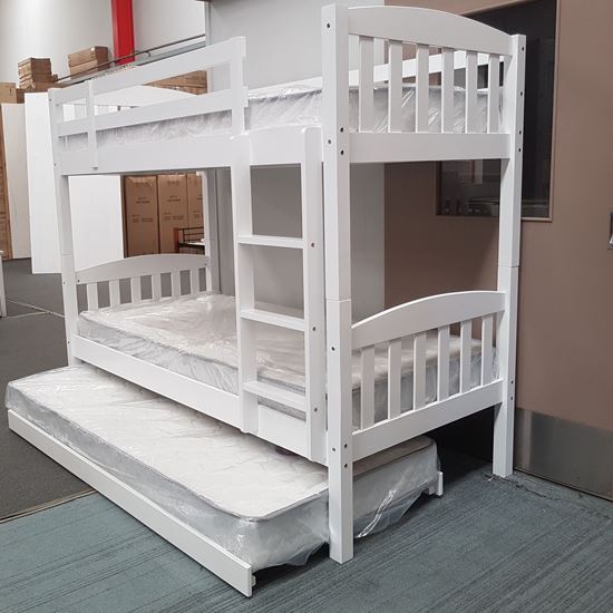 Miki Higher Solid Hardwood Bunk Bed with Trundle & Mattresses in White finish, featuring premium craftsmanship and space-saving design