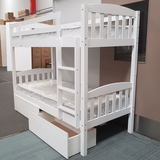 Miki Higher Solid Hardwood Bunk Bed with Drawers & Mattresses in White finish, featuring premium craftsmanship and space-saving design