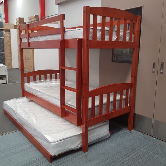Miki Higher Solid Hardwood Bunk Bed with Trundle & Mattresses in Antique Oak finish, featuring premium craftsmanship and space-saving design