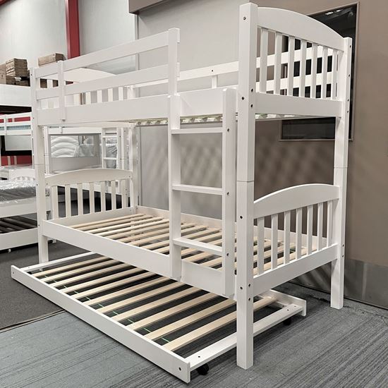 Miki Solid Hardwood Bunk Bed with Trundle in White finish, featuring premium craftsmanship and space-saving design
