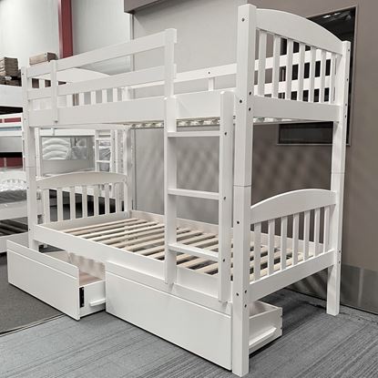 Miki Solid Hardwood Bunk Bed with Drawers in White finish, featuring premium craftsmanship and space-saving design