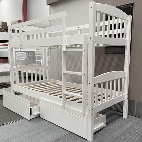 Miki Solid Hardwood Bunk Bed with Drawers in White finish, featuring premium craftsmanship and space-saving design