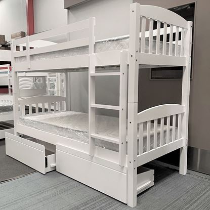 Miki Solid Hardwood Bunk Bed with Drawers & Mattress in White finish, featuring premium craftsmanship and space-saving design