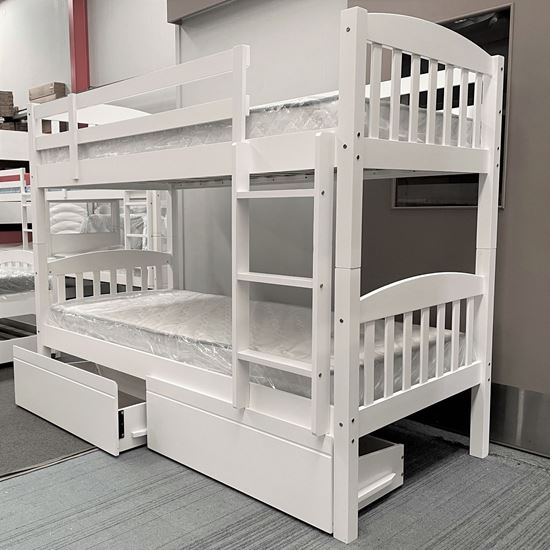 Miki Solid Hardwood Bunk Bed with Drawers & Mattress in White finish, featuring premium craftsmanship and space-saving design