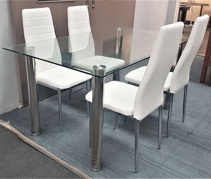 Picture of Melody Dining Table Clear Glass 1.5X0.9m with 4 White Mila Dining Chair