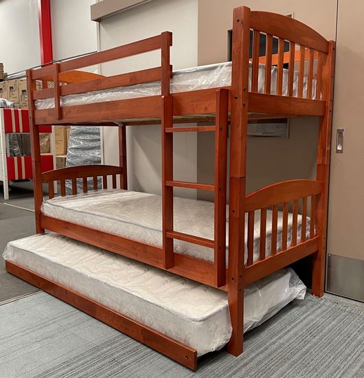 Miki Solid Hardwood Bunk Bed with Trundle & Mattresses in Antique Oak finish, featuring premium craftsmanship and space-saving design