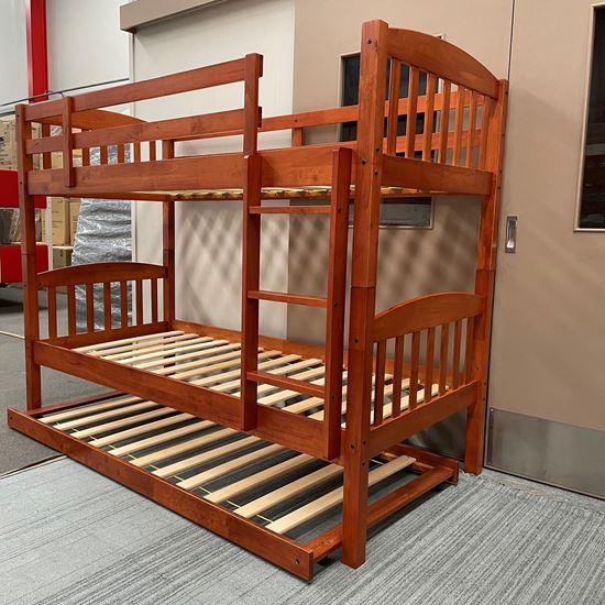 Miki Solid Hardwood Bunk Bed with Trundle in Antique Oak finish, featuring premium craftsmanship and space-saving design