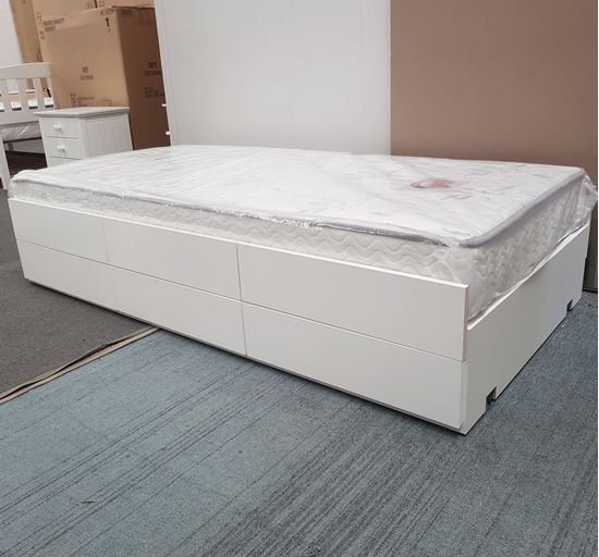 Picture of Eddie Single Bed Trundle with Built in Drawers Mattress White Half Assembled Malaysian Made
