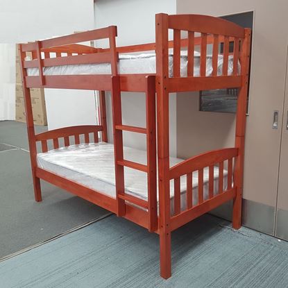 Miki Higher Solid Hardwood Bunk Bed with Mattresses in Antique Oak finish, featuring premium craftsmanship and space-saving design