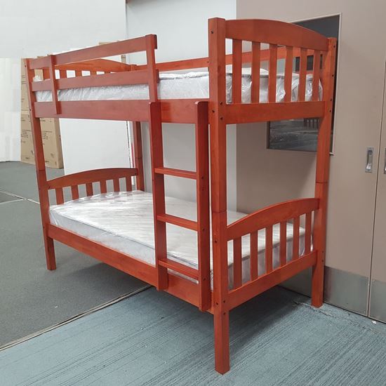 Miki Higher Solid Hardwood Bunk Bed with Mattresses in Antique Oak finish, featuring premium craftsmanship and space-saving design