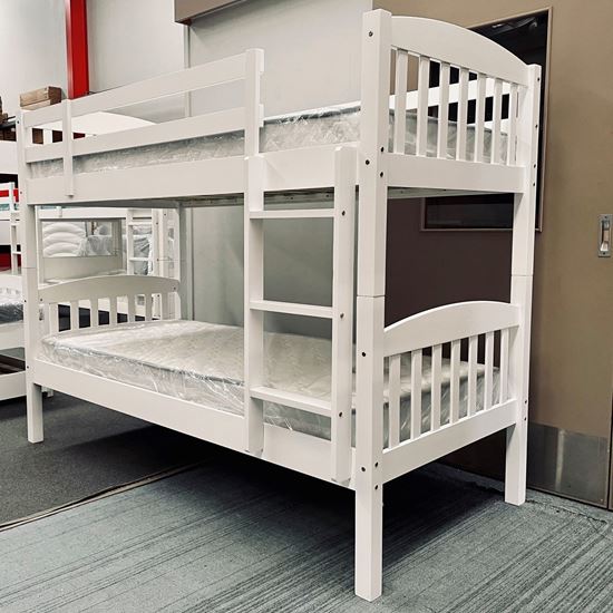 Miki Solid Hardwood Bunk Bed with Mattresses in White finish, featuring premium craftsmanship and space-saving design
