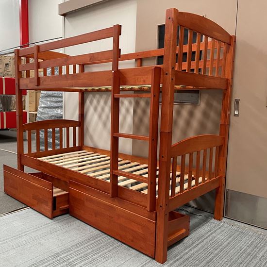 Miki Solid Hardwood Bunk Bed with Drawers in Antique Oak finish, featuring premium craftsmanship and space-saving design