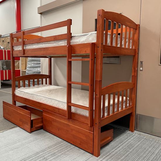 Miki Solid Hardwood Bunk Bed with Drawers & Mattress in Antique Oak finish, featuring premium craftsmanship and space-saving design