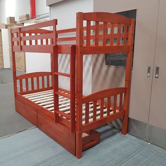 Miki Higher Solid Hardwood Bunk Bed with Drawers in Antique Oak finish, featuring premium craftsmanship and space-saving design