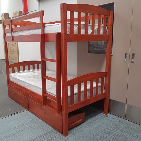 Miki Higher Solid Hardwood Bunk Bed with Drawers & Mattresses in Antique Oak finish, featuring premium craftsmanship and space-saving design