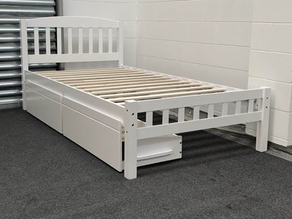 Miki King Single Bed in white, crafted from solid rubberwood, featuring a slatted base and built-in storage drawers for practical organization.