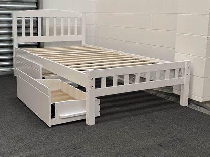 Miki King Single Bed in white, crafted from solid rubberwood, featuring a slatted headboard and footboard with built-in storage drawers for practical organization.
