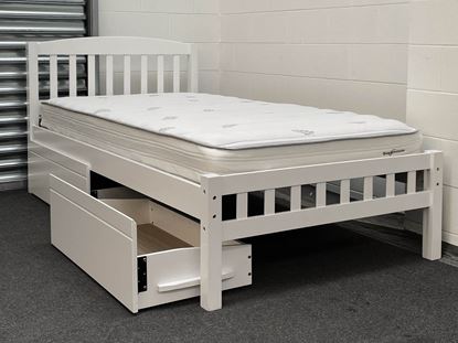 Miki King Single Bed in white, crafted from solid rubberwood, featuring a slatted headboard and footboard with built-in storage drawers for practical organization. The main bed is fitted with a comfortable mattress