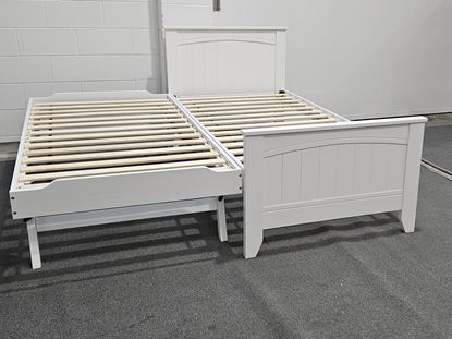 Emilia hardwood king single bed with Pop up Trundle in white, featuring a timeless design – made in Malaysia