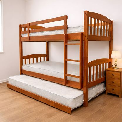 Picture of Miki Solid Hardwood Single Bunk Bed with Trundle & 3 Pocket Spring Mattresses – Antique Oak