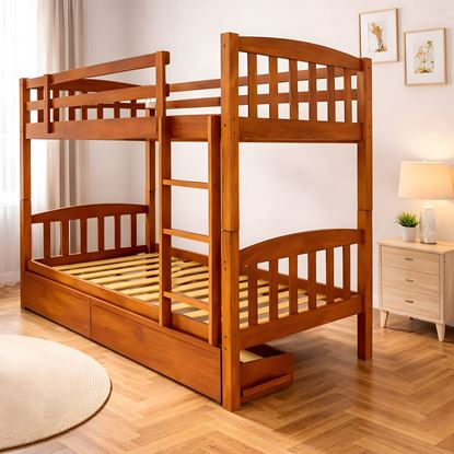 Picture of Miki High Solid Hardwood Single Bunk Bed with Storage Drawers – Antique Oak