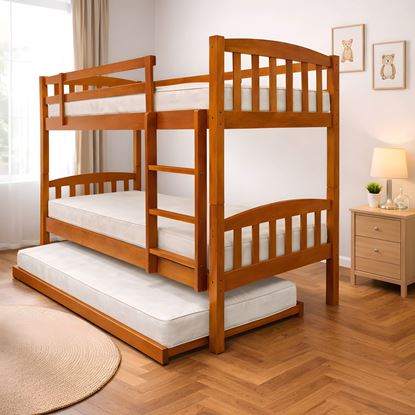 Picture of Miki Higher Solid Hardwood Single Bunk Bed with Trundle & 3 Pocket Spring Mattresses – Antique Oak