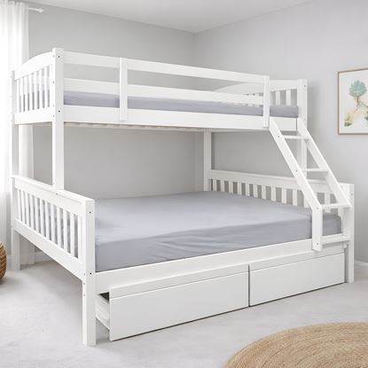 Picture of Miki Solid Hardwood Queen Bunk Bed with Storage Drawers – White – Includes Mattresses