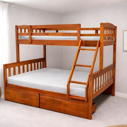 Picture of Miki Solid Hardwood Single over Double Bunk Bed with Drawers - Antique Oak - Includes Mattresses
