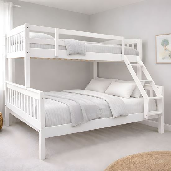 Picture of Miki Solid Hardwood Single over Double Bunk Bed - White - Includes Mattresses