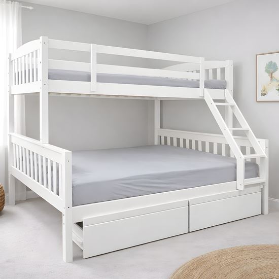Picture of Miki Solid Hardwood Single over Double Bunk Bed with Drawers - White - Includes Mattresses