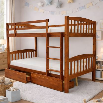 Picture of Miki Solid Hardwood King Single Bunk Bed with Storage Drawers – Antique Oak – Includes Mattresses