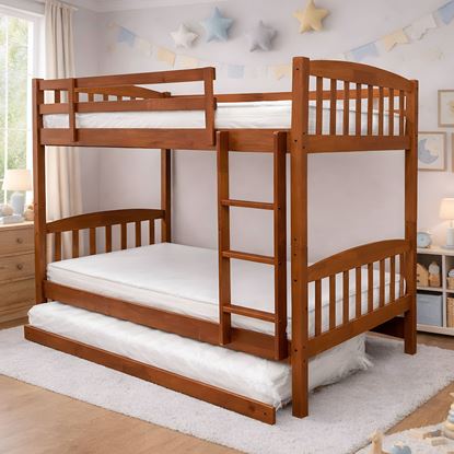 Picture of Miki2 Solid Hardwood King Single Bunk Bed with Trundle – Antique Oak – Includes Mattresses