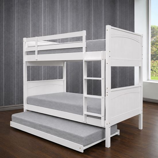 Picture of Emilia Solid Hardwood King Single Bunk Bed with Pull-Out Trundle – White – Includes Mattresses