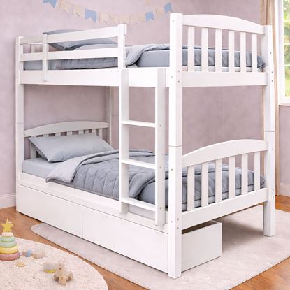 Picture of Miki High Solid Hardwood Single Bunk Bed with Storage Drawers – White – Includes Mattresses