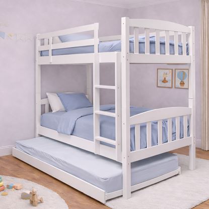 Picture of Miki High Solid Hardwood Single Bunk Bed with Trundle – White – Includes Mattresses