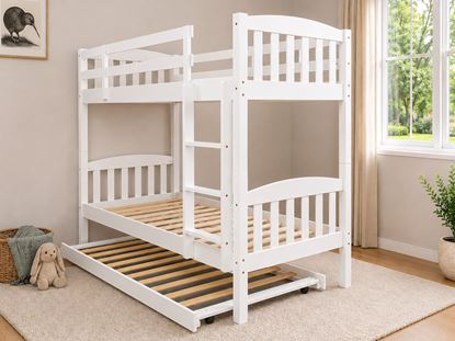 Picture of Miki High Solid Hardwood Single Bunk Bed with Trundle – White