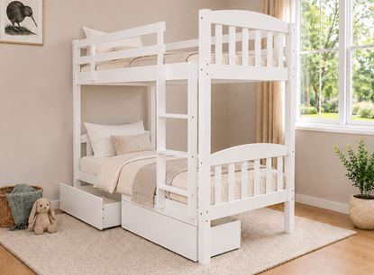 Picture of Miki High Solid Hardwood Single Bunk Bed with Storage Drawers – White – Includes Pocket Spring Mattresses