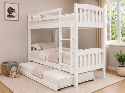 Picture of Miki High Solid Hardwood Single Bunk Bed with Trundle – White – Includes Pocket Spring Mattresses