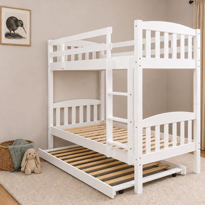 Picture of Miki Single Bunk Bed with Trundle White – Solid Hardwood Frame, Extra Height