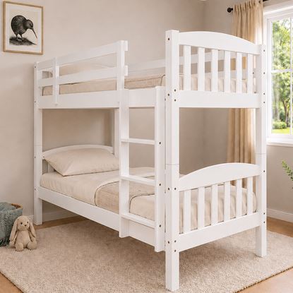 Picture of Miki Single Bunk Bed with 2 Pocket Spring Mattresses White – Solid Hardwood Frame, Extra Height